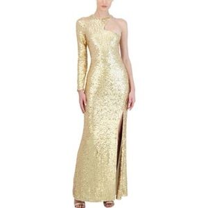 BCBGMAXAZRIA Women's Fit and Flare Floor Length Sequin Evening Gown Gold Sz.L